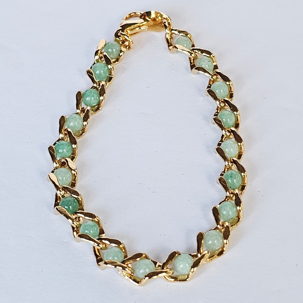 Vintage Boho Captured Treasures Aventurine Bracelet Gold Tone Green Stone Earthy